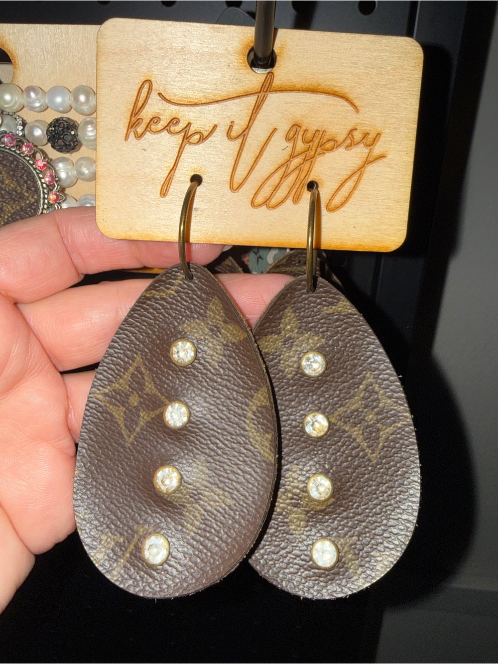 Upcycled LV Teardrop Leather Earrings with Rhinestone Studs